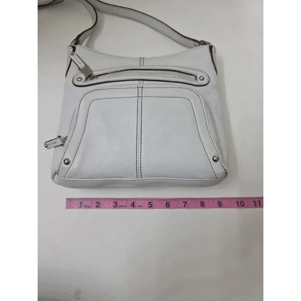 Tignanello White Pebbled Leather Crossbody Purse Multi Pocket Adjustable Bag